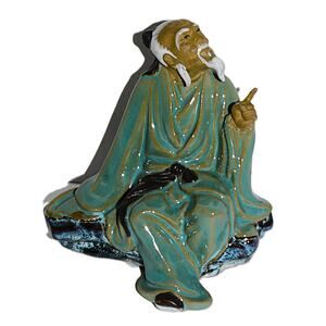 Vintage Chinese Shiwan Style Scholar Figurine Seated Wise Elder Green Robe